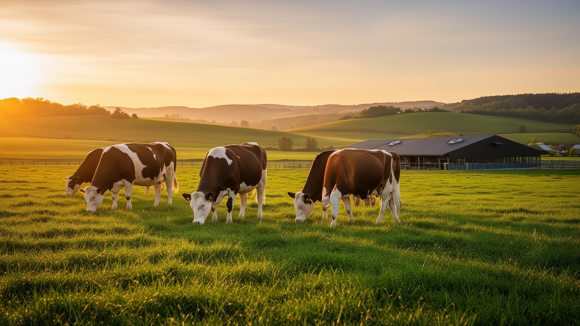 DeenAgro modern Shariah-compliant cattle farm at golden hour in Bangladesh